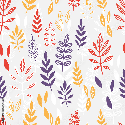 Outline branches and leaves on grey background hand-drawn seamless illustration. Vector floral pattern in decorative style.