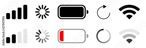 Symbols notify charging and discharging, connecting and loading. Badges for gadgets.