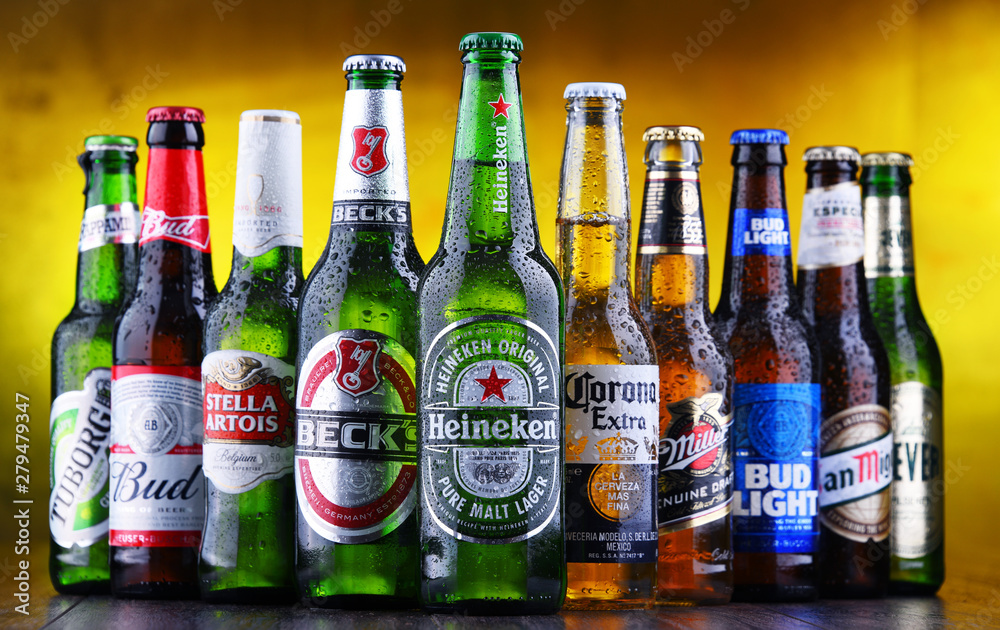 Bottles of famous global beer brands Stock Photo Adobe Stock