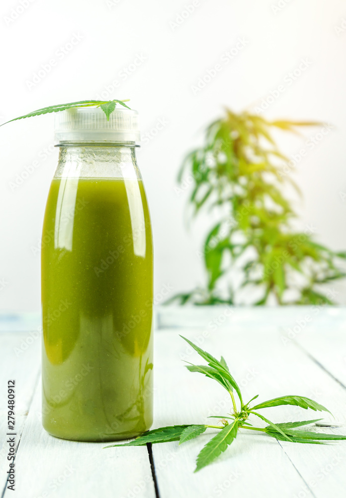 CBD Cannabis Hemp infused smoothie drink with leafs CBD Cannabis Hemp infused smoothie drink with leafs