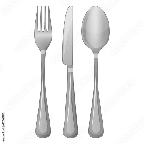 Knife, fork, spoon on white bacground. Object for packaging, advertisements, menu. Isolated on white. Vector illustration. Cartoon.