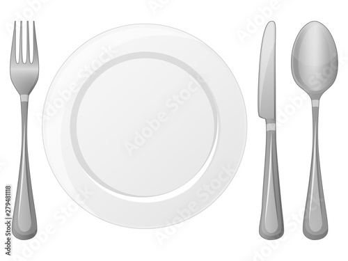 Plate, fork, spoon on white bacground. Object for packaging, advertisements, menu. Isolated on white. Vector illustration. Cartoon.