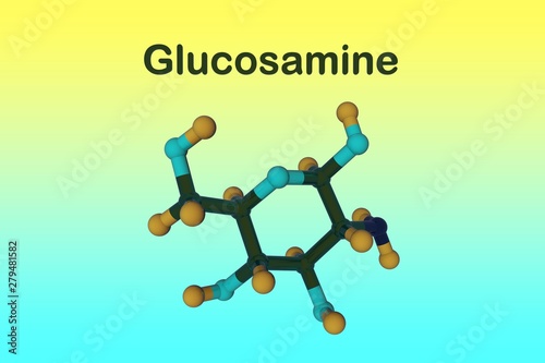 Molecular structure of glucosamine. Glucosamine is used as a treatment for osteoarthritis. Scientific background. 3d illustration photo