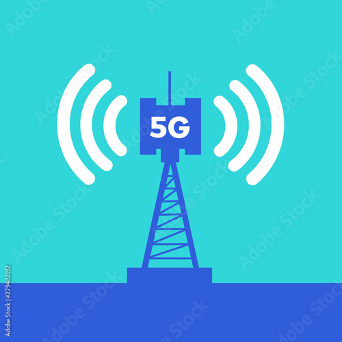 Broadcasting, transmission and distribution of internet signal from 5G antenna, communications tower, transmitter and satellite. Vector illustration