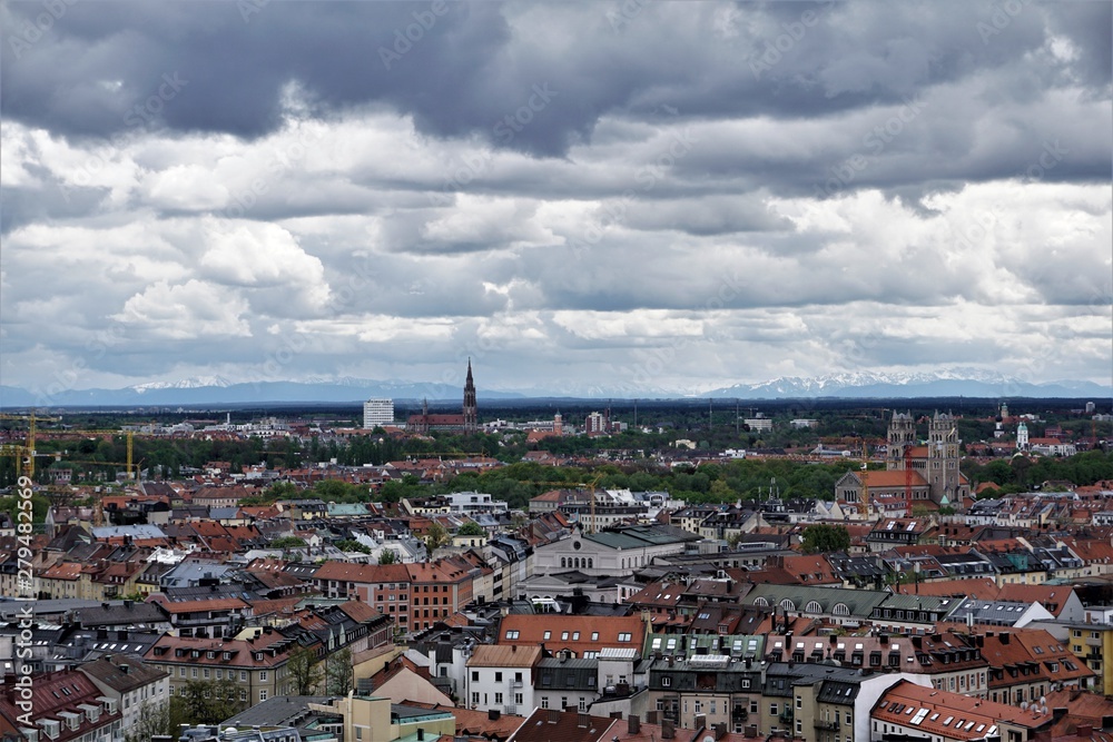 Aerial view over Munich with dramatic sky