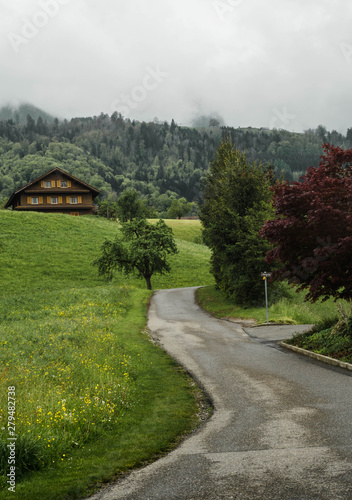 curved path in a mountain in switzerland with a cloudy sky