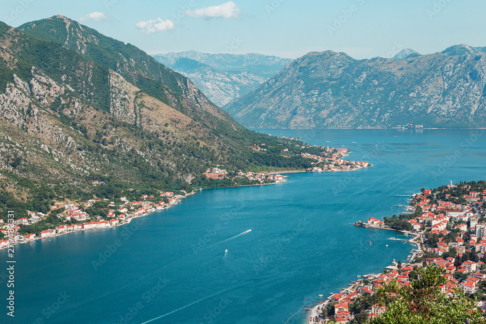 Cityscape of old city Kotor, bay in Adriatic sea surrounded by mountains, Montenegro. View from above
