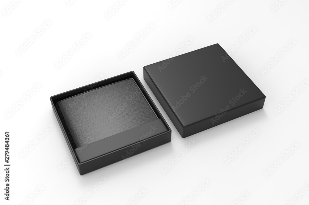 Blank Bi fold Flip Style Leather Wallet Packaging Box For Branding. 3d render illustration. Blank Bi fold Flip Style Leather Wallet Packaging Box For Branding. 3d render illustration.