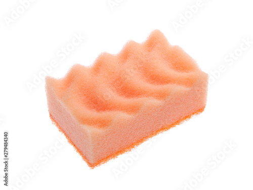 Orange kitchen sponge on a white background. Kitchen utensils close-up.