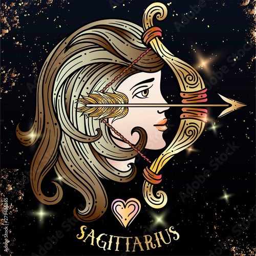 Beautiful line art filigree zodiac symbol. Black sign on vintage background.Elegant jewelry tattoo.Engraved horoscope symbol.Doodle mystic drawing with calligraphy lettering.Saggitarius