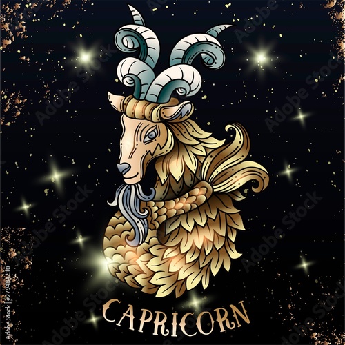Beautiful line art filigree zodiac symbol. Black sign on vintage background.Elegant jewelry tattoo. horoscope symbol.Doodle mystic drawing with calligraphy lettering.Capricorn