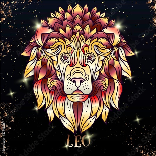 Beautiful line art filigree symbol. Black sign on vintage background.Elegant jewelry tattoo.Engraved horoscope symbol.Doodle mystic drawing with calligraphy lettering.Leo