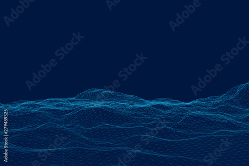 Polygonal uneven terrain. Wireframe mesh surface. Vector