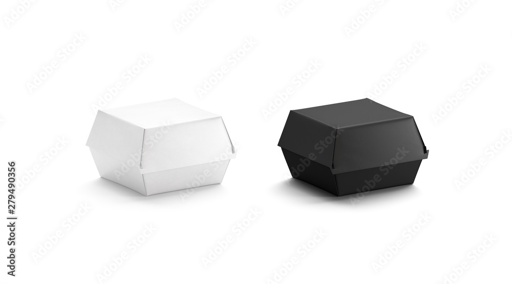 Blank black and white burger box mockup set, side view, 3d rendering. Empty disposable container for deliver mock up, isolated. Clear eco packaging for cheeseburger or nuggets template. Blank black and white burger box mockup set, side view, 3d rendering. Empty disposable container for deliver mock up, isolated. Clear eco packaging for cheeseburger or nuggets template.