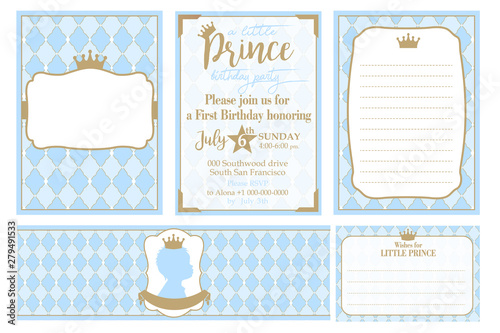 A set of cute blue templates for invitations, water bottles, wishes card. Vintage gold frame with crown. A little prince party. Baby shower, birthday invite card. Arabic pattern with rhombus, diamonds
