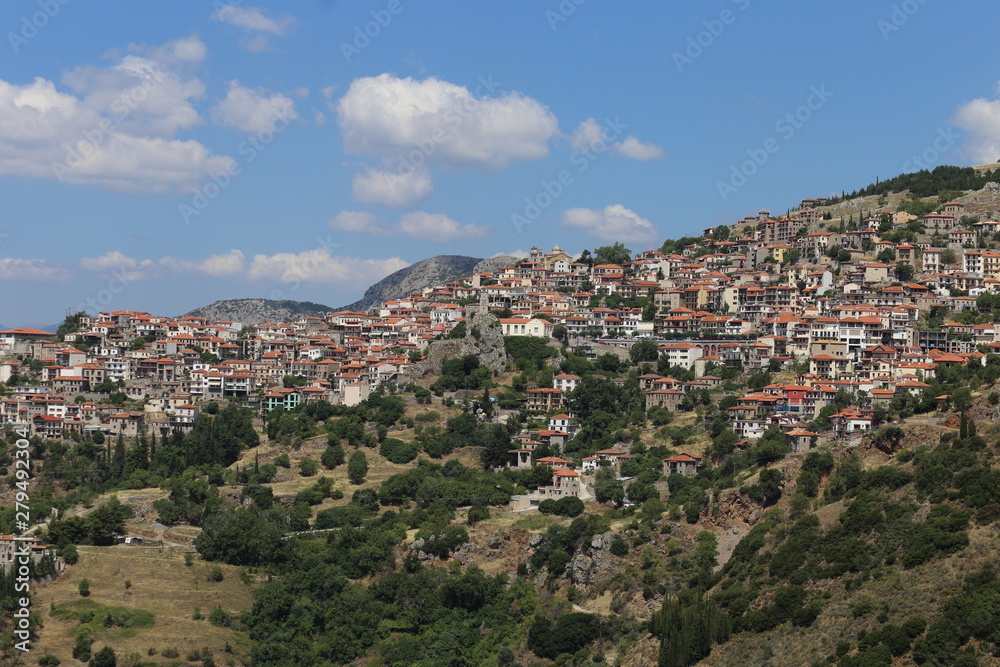 Arachova, Greece - July 20, 2019: panorama photo of the town of Arachova Arachova, Greece - July 20, 2019: panorama photo of the town of Arachova