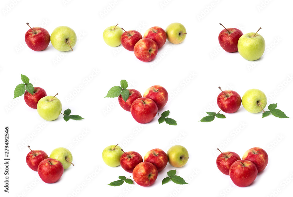 Set of red apples on a white background. Juicy apples of red color with yellow specks on a white background. The composition of juicy red apples Set of red apples on a white background. Juicy apples of red color with yellow specks on a white background. The composition of juicy red apples