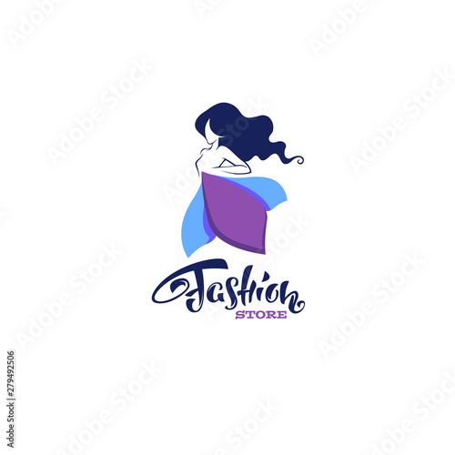ashion boutique and store logo, label, emblem with girl in bright  flower dresss and lettering composition