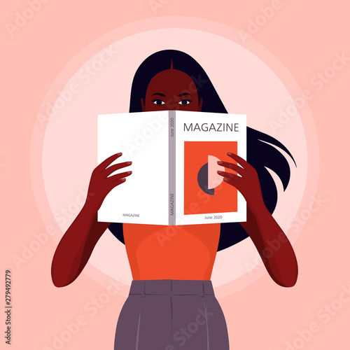 African girl reading a magazine. Literature and education. Summer holidays. Vector flat illustration
