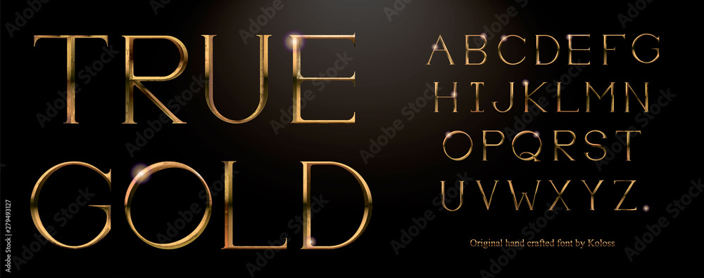 Realistic gold alphabet. Hand crafted serif font with rust effects. Gold roman textured uppercase. - obrazy, fototapety, plakaty 