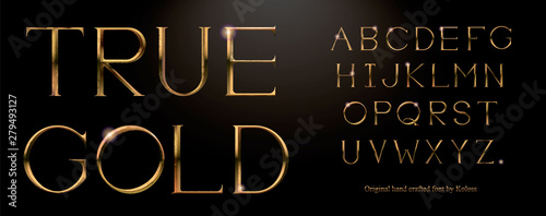 Realistic gold alphabet. Hand crafted serif font with rust effects. Gold roman textured uppercase.
