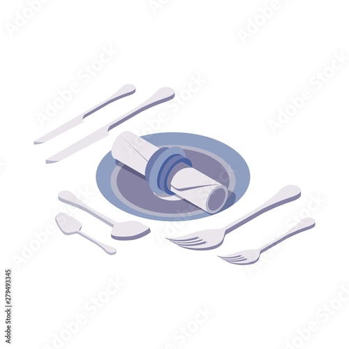 Isometric scene setup good for dinner in cafe or restaurant. Table setting with napkin with ring and cutlery