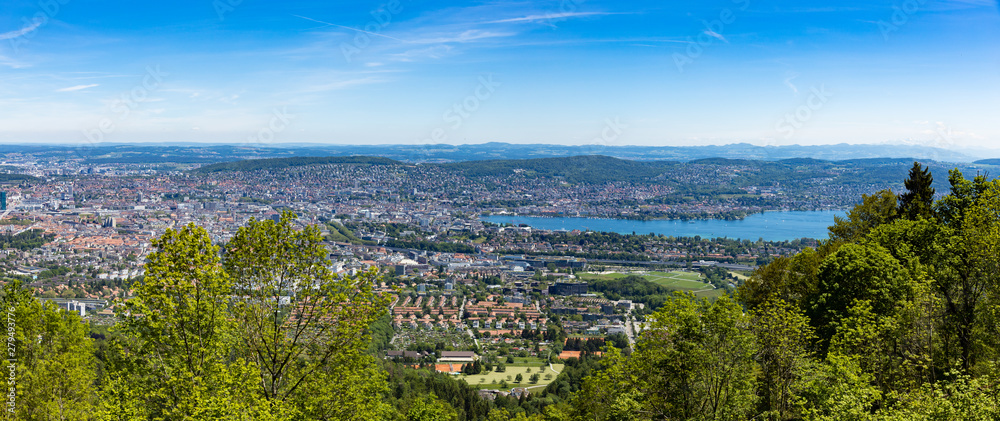 Panaromic view of Zurich city and lake from Uetliberg viewpoint in Switzerland