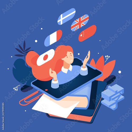 Vector concept isometric illustration about learning languages with woman from tablet, flags, greenery leaves and books isolated on blue background
