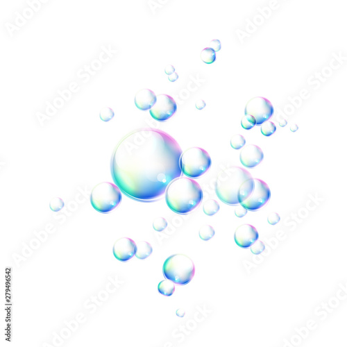 Realistic colorful bubbles. Soapy foam bubbles for bath and hygiene product design. Vector rainbow spheres, shampoo glossy bubbles.