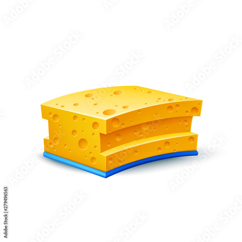 Realistic yellow sponge. Dishes washing, household chores tool. Vector skincare, bath hygiene design element. Housework, kitchen cleaning sponge.