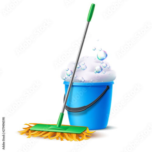 Fototapeta Realistic mop and blue bucket full of soapy foam with colorful bubbles