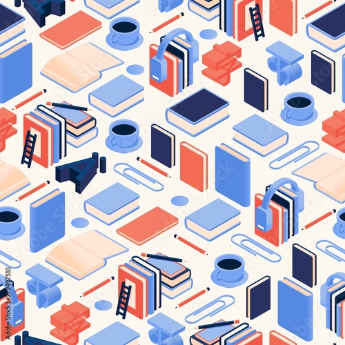 Seamless isometric pattern books and 3d letters from various languages like hindi, japanese, chinese, deutsch in bright blue and orange colors. Vector illustration good for educative school courses