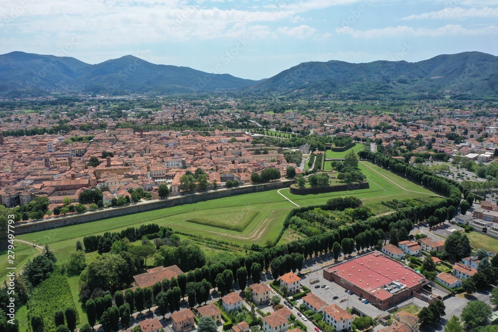 Aerial view of the walled town of Lucca, Italy