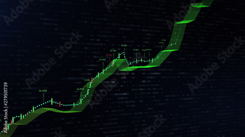 motion graph of growth curve in shape of wide ribbon changing colour from red through orange yellow to green with data marks in dark flashing background. 3d animation. Business and finance concept.