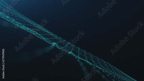 motion graph small blue information units connected into blurred lacy illuminated partically vibrant net in dark background. 3d animation. Digitized world and blue ocean strategy concept. Big data. photo