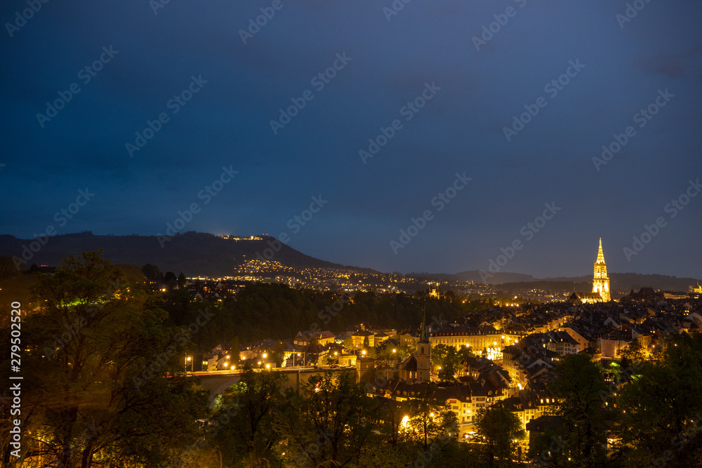 Beautiful panorama view of bern the capital city of Switzerland at night time for background with copy space