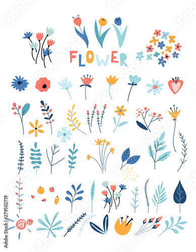 Set of flowers and floral elements. Early spring forest and garden flowers isolated on white vector set.
