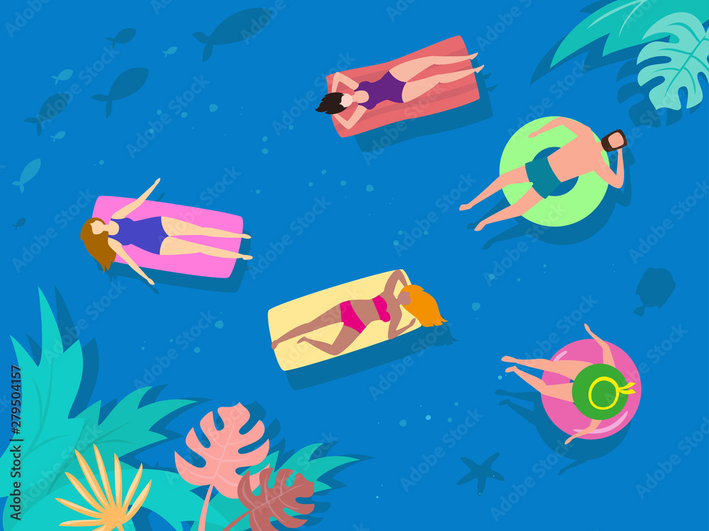 Fototapeta premium Summer landscape with tropical plants and tourists.