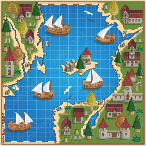 Coast with sailing ships. Medieval landscape. Vector illustration.