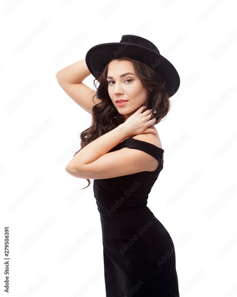 Portrait of a beautiful lady wearing a black hat and evening dress Portrait of a beautiful lady wearing a black hat and evening dress