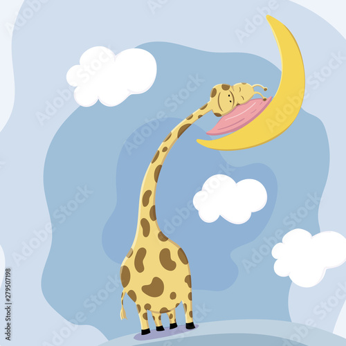 Cute giraffe sleeping head rests on the pillow