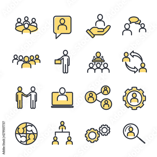 Icons Set of Team Work Related Vector Simple Line. Management line icons. Set of Business audit, Startup strategy and Employees linear icons. Business strategy, Startup and Teamwork symbols.