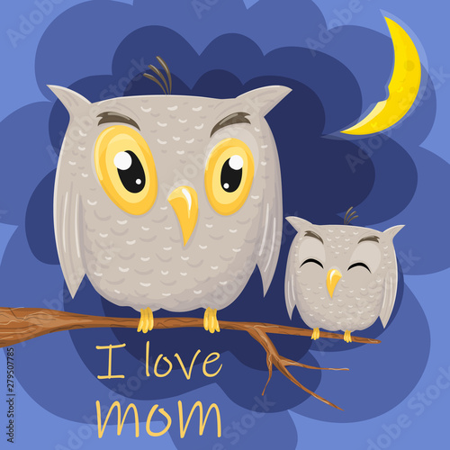 Mother and cute baby owl are sitting on a tree branch.