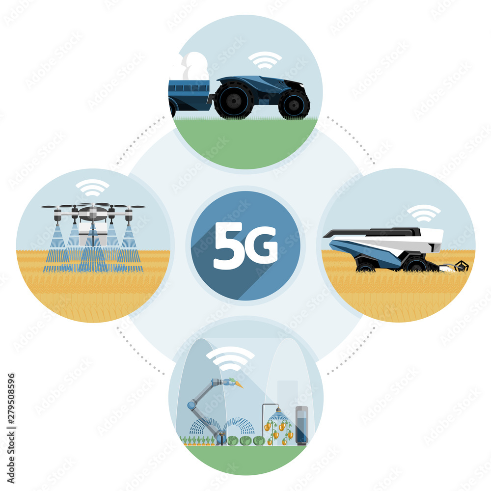 5G network for control smart farm. Smart agriculture 4.0. Stock Vector