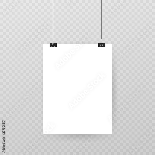 Set of multicolored binder clips on a piece of paper on a transparent background. Clerical clothespin on a transparent background