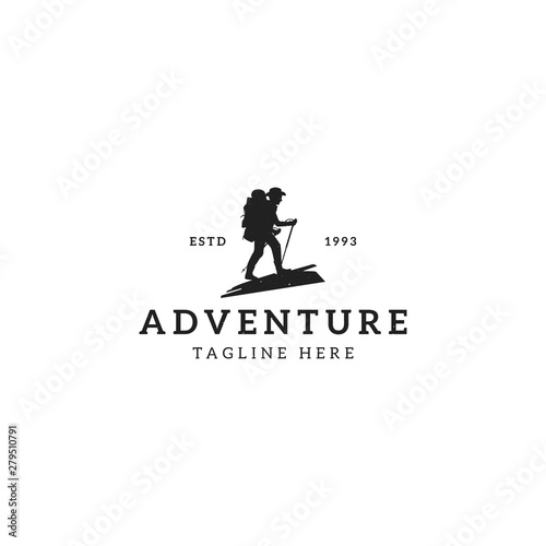 Mountain travel man retro emblem, extreme adventure, climbing outdoor tourism logo. - Vector
