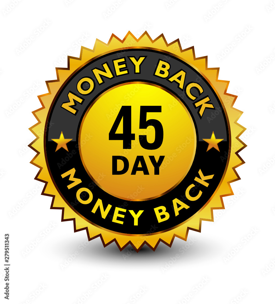 Powerful golden 45 day money back guarantee badge, stamp, seal, sign, label isolated on white background. Powerful golden 45 day money back guarantee badge, stamp, seal, sign, label isolated on white background.