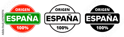 Made in Spain logo, Origen Espana product label stamp. Vector Spanish made 100 percent premium quality production package icon