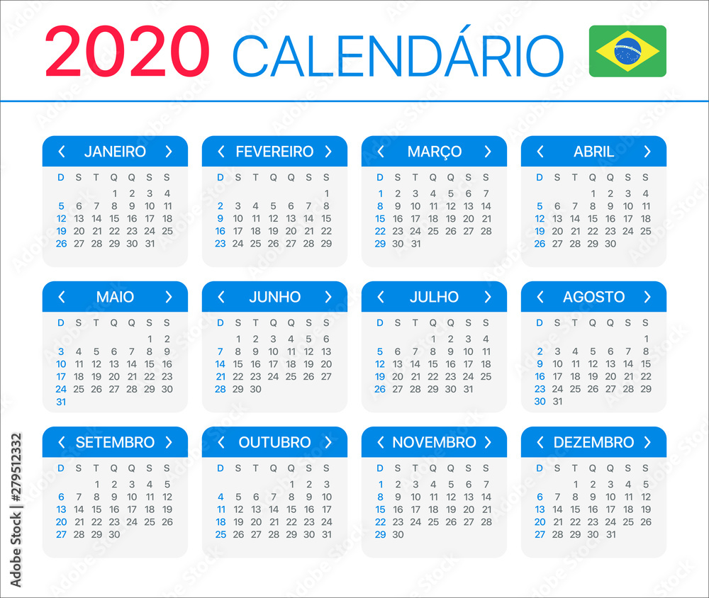 2020 Calendar - vector template graphic illustration - Brazilian version 2020 Calendar - vector template graphic illustration - Brazilian version