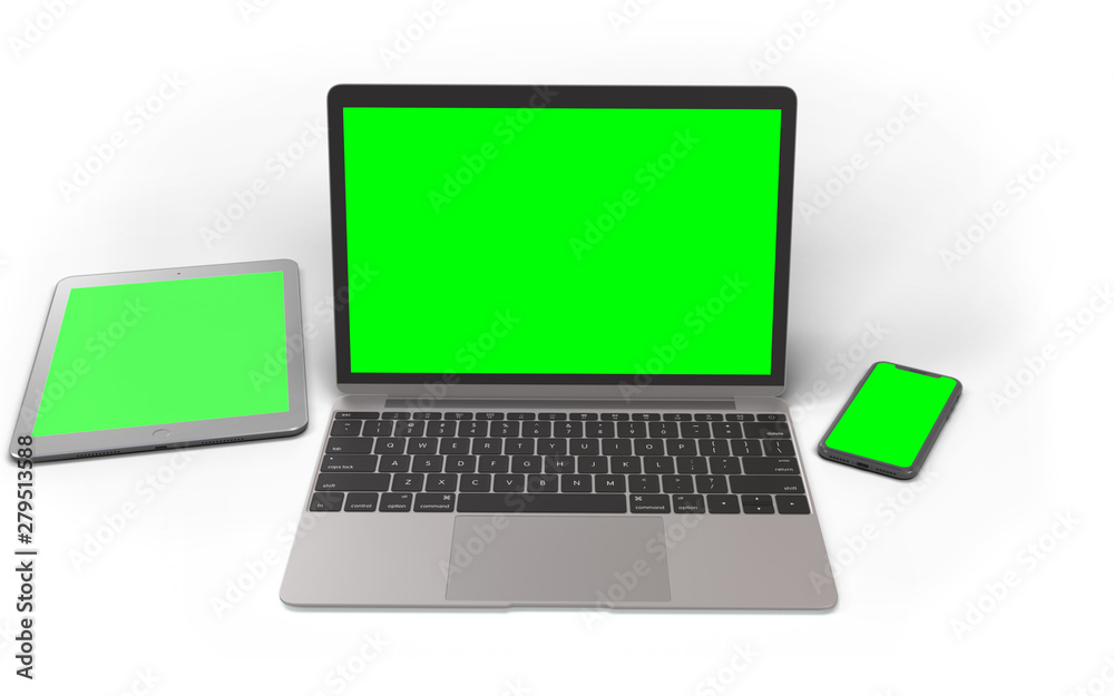 Notebook with phone and a tablet with green screens. Notebook with phone and a tablet with green screens.